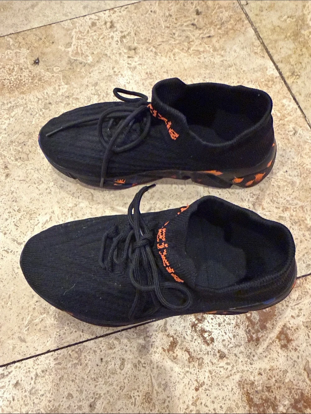 Kids Black Knit Slip-On Sneakers with Orange Accent